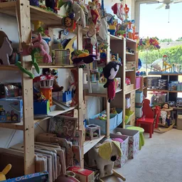 Winkelinterieur met houten stellingen vol speelgoed, boeken, huishoudartikelen en diverse tweedehands spullen