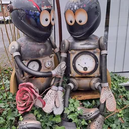 Decoratief kunstwerk gemaakt van oude industriële onderdelen met wijzerplaten, buizen en metalen elementen, versierd met een 