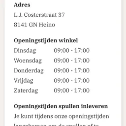 Openingstijden winkel en spullen inleveren
