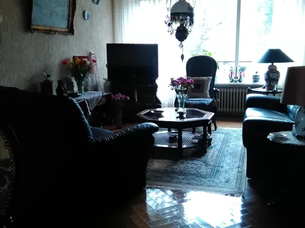 Woonkamer met donkere banken, salontafel, televisie en raam met daglicht