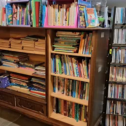 Houten boekenkast met verschillende secties vol met tweedehands boeken, dvd's en cd's netjes gerangschikt