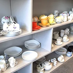 Wandplanken met uitgestald serviesgoed: borden, kopjes, schotels en kannen in wit, geel en pastelkleuren