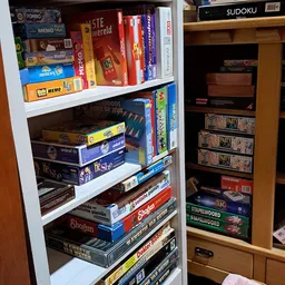 Boekenkasten met stapels bordspellen en dvd's netjes uitgestald op witte planken