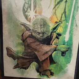 Aquarelkunstwerk van Yoda uit Star Wars met lightsaber in gevechtshouding
