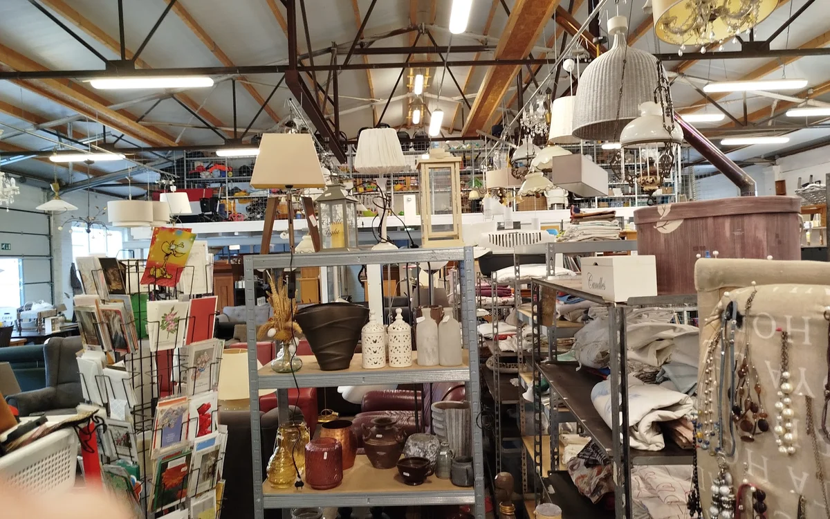 Overzicht van kringloopwinkel met stellingen vol huishoudelijke spullen, lampen, servies en decoratieartikelen