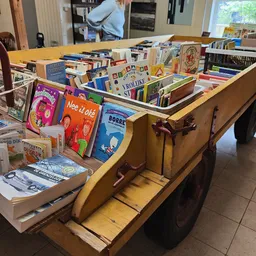 Houten kar vol met tweedehands boeken in verschillende talen en formaten