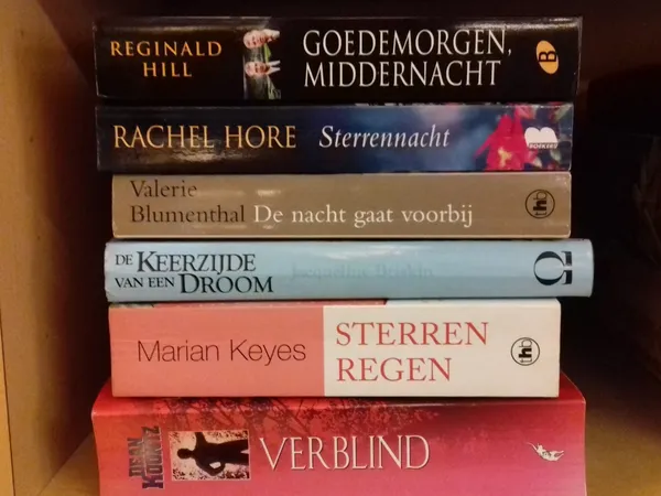 Stapel tweedehands boeken met Nederlandse titels op elkaar gestapeld