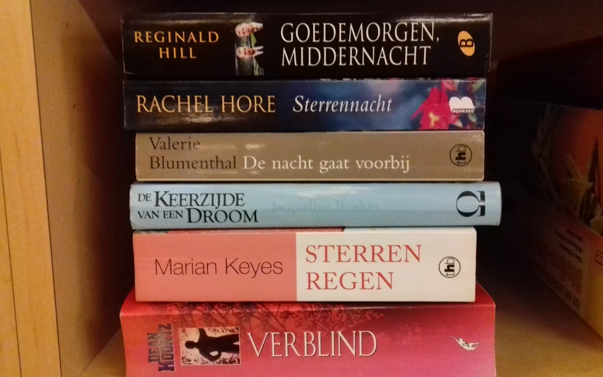 Stapel tweedehands boeken met Nederlandse titels op elkaar gestapeld