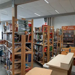 Boekenrekken en boekenkasten met tweedehands boeken in een kringloopwinkel