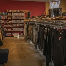 Interieur van kringloopwinkel met kledingrekken, boekenkasten en uitstallingen tegen rode en gele wanden