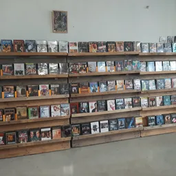 Houten wandrekken vol met dvd's, blu-rays en andere media in het assortiment van de winkel