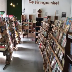 Winkelinterieur met houten stellingen vol cd's en dvd's langs beide zijden van het gangpad