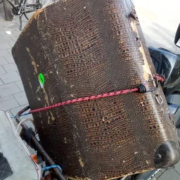 Close-up van een bruine krokodillenleren tas met roze touwband en groene label