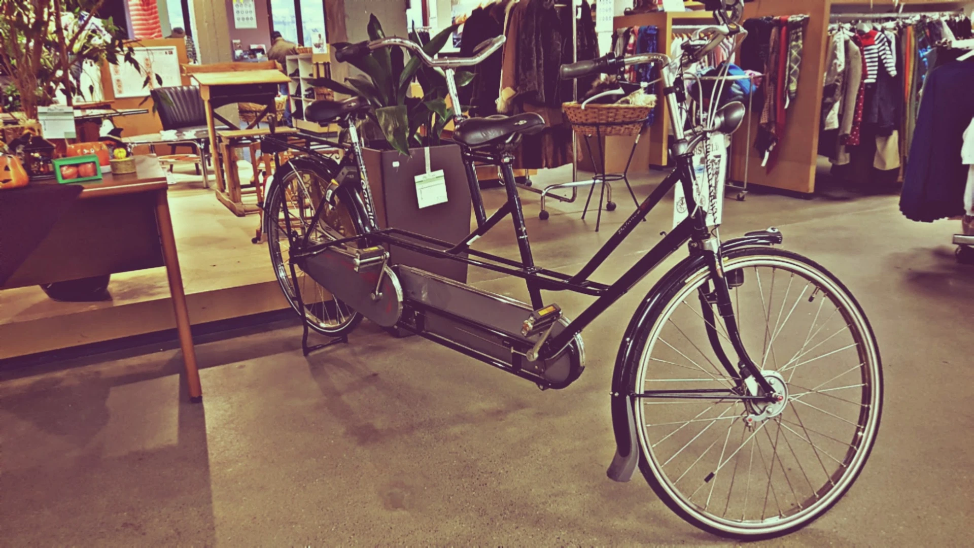 Tweedehandsfietsen en een bakfiets op display in de winkel