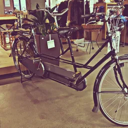 Tweedehandsfietsen en een bakfiets op display in de winkel
