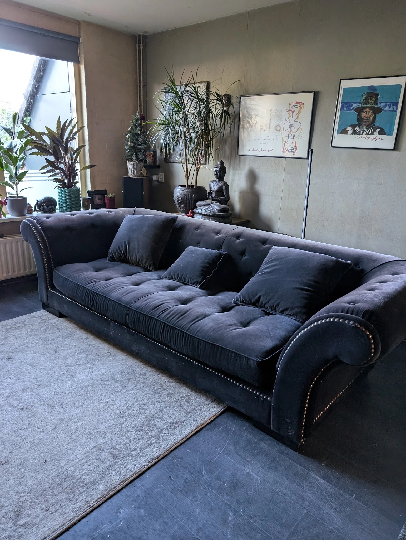 Donkerblauwe chesterfield-bank met kussens en decoratie in winkelinterieur