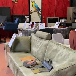 Uitgestalde banken en zitmeubels in verschillende kleuren in een kringloopwinkel