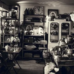 Interieur van kringloopwinkel met diverse meubels, decoratie, serviesgoed en accessoires op planken en tafels
