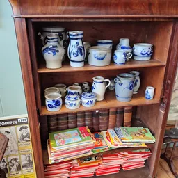 Houten kastje met blauw-wit servies en porselein op twee planken, eronder boeken en kleurige tijdschriften