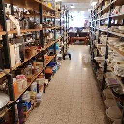 Lange winkelgang met metalen stellingen aan beide zijden volgestapeld met huishoudartikelen, servies en keukengerei