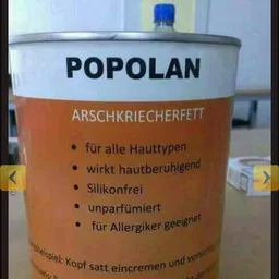 Blik Popolan Arschkriecherfett met Duitse productbeschrijving op etiket