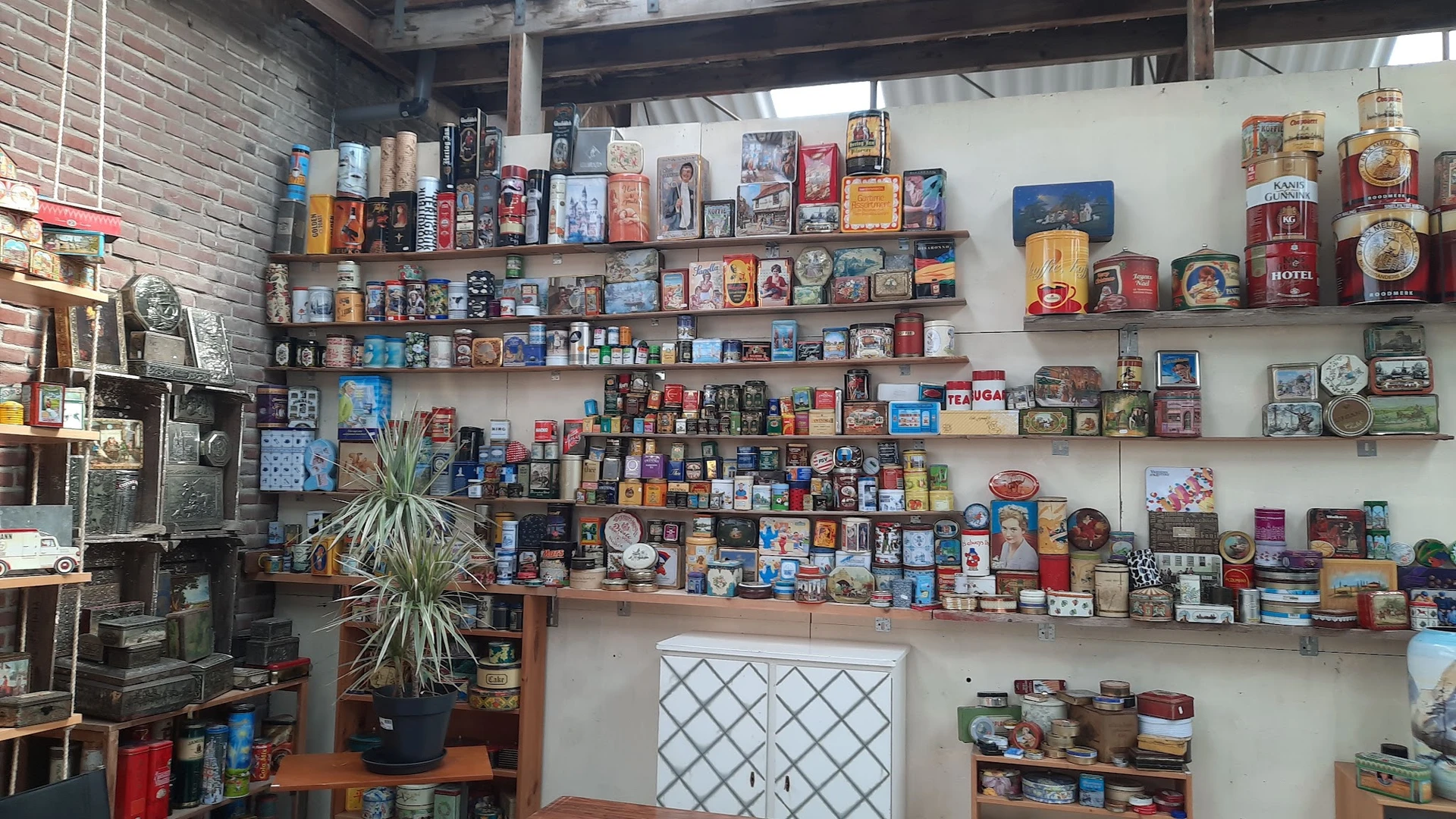 Uitgebreide collectie verzamelbussen, decoratieve objecten en souvenirs op houten wandplanketten