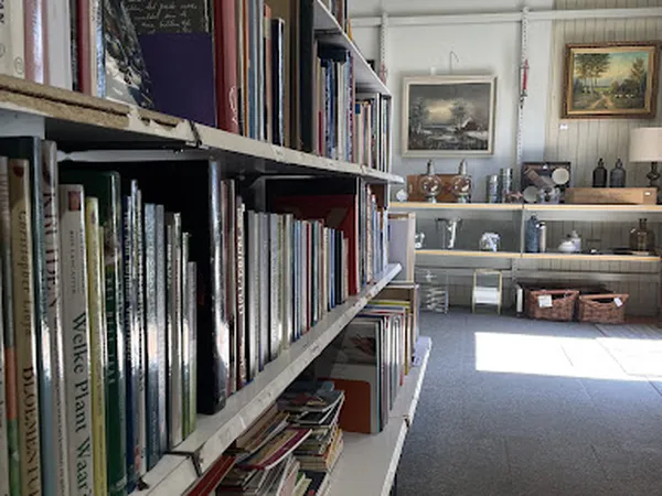 Winkelinterieur met boekenrekken aan linkerkant en open stellingen met decoratieve voorwerpen aan rechterkant