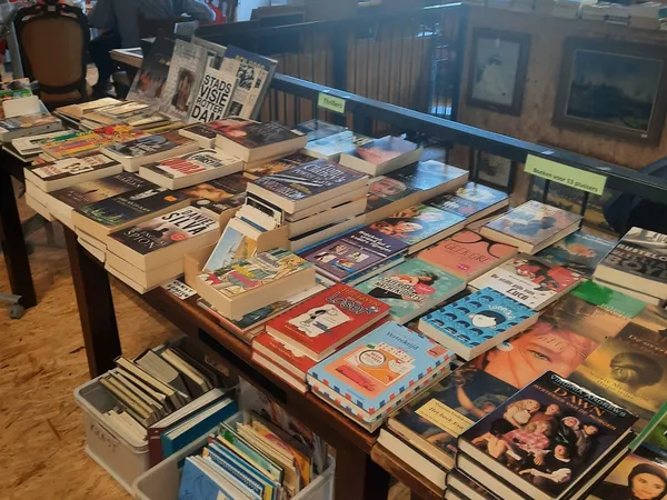 Tafels volgestapeld met tweedehands boeken, dvd's en cd's in verschillende genres en kleuren