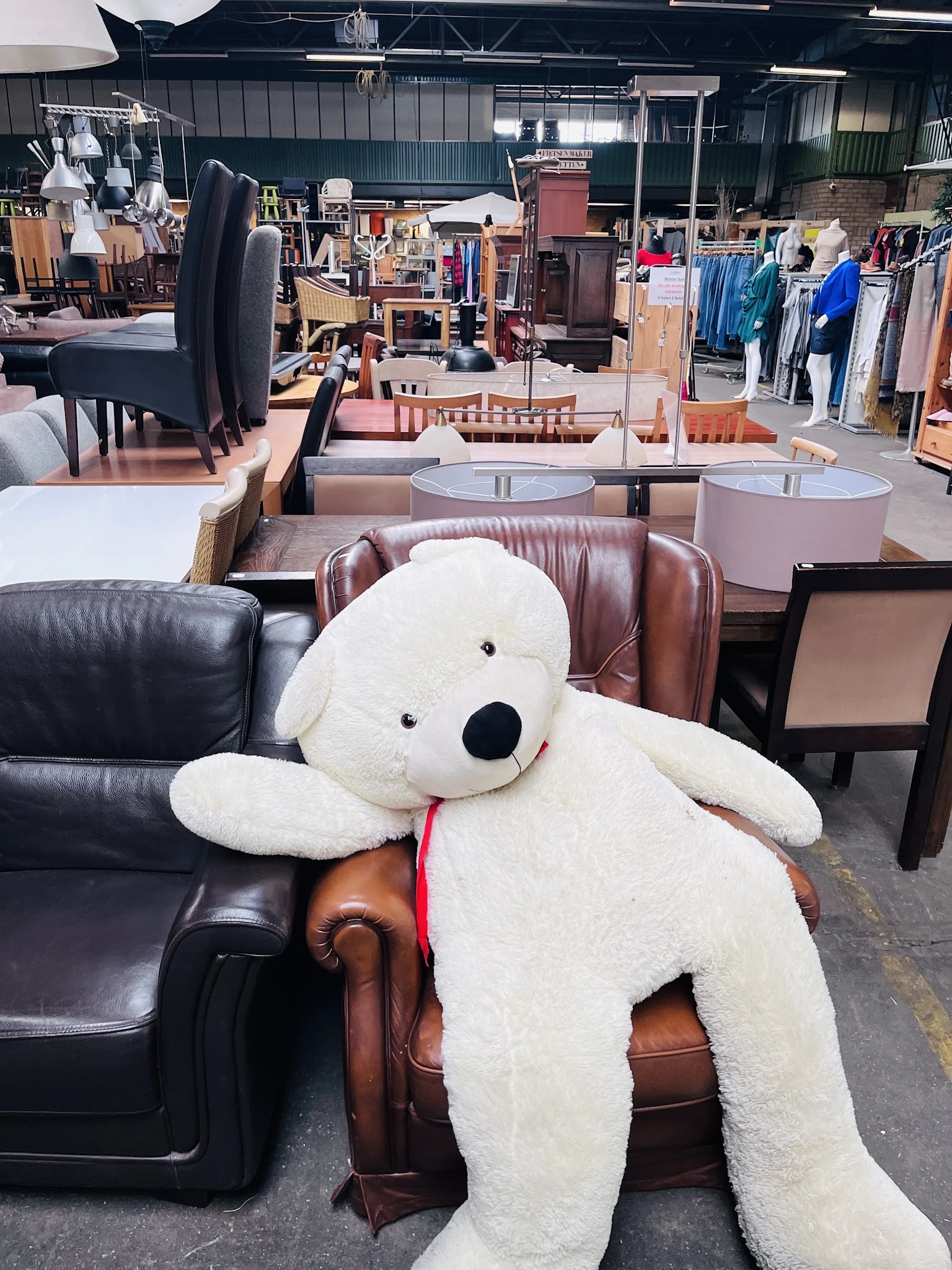 Grote witte pluche teddybeer zittend op een bruin lederen bank in een meubelshow