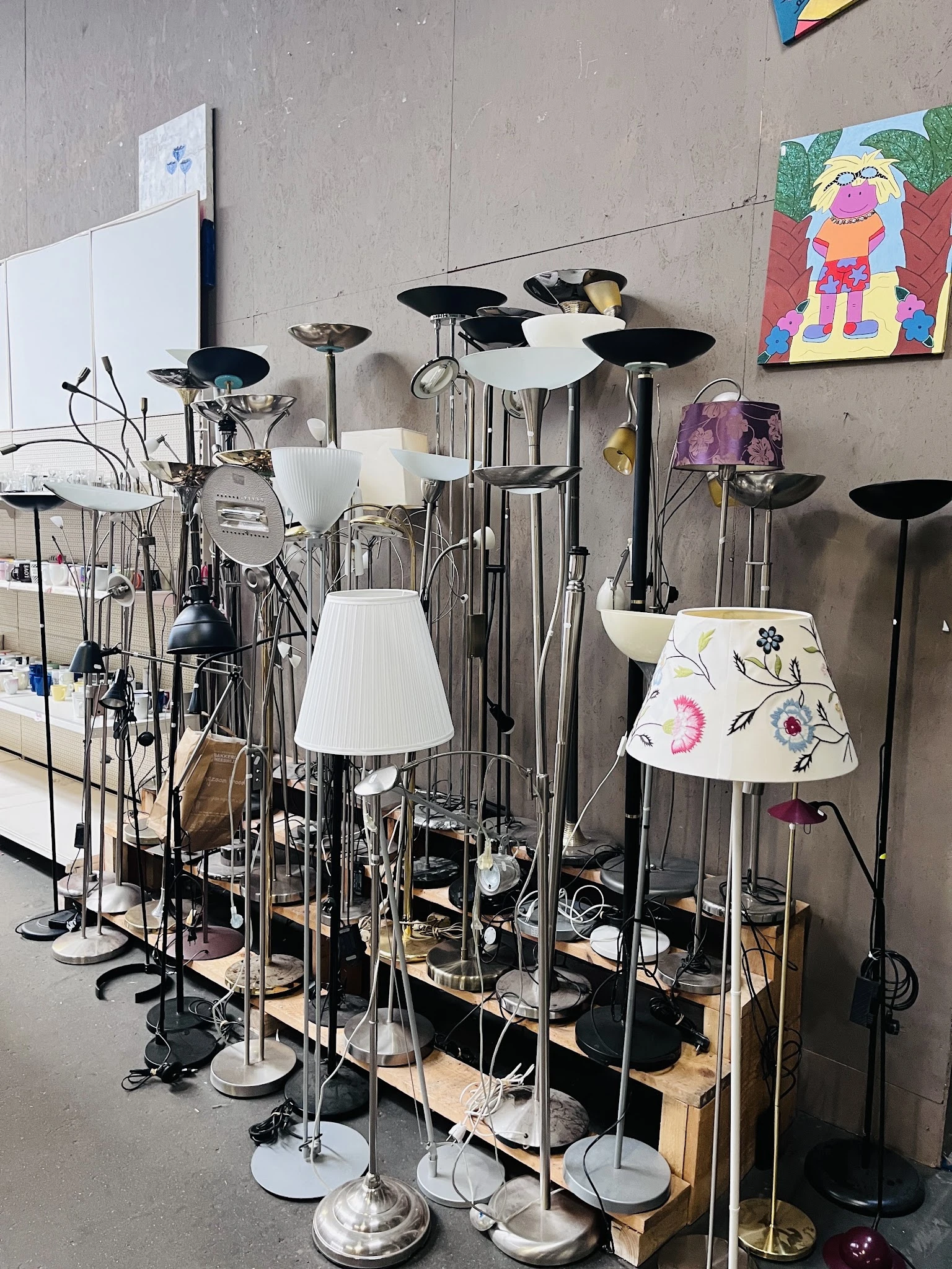 Verzameling van tweedehands lampen en verlichtingsartikelen op uitstalling, met verschillende stijlen en kleuren