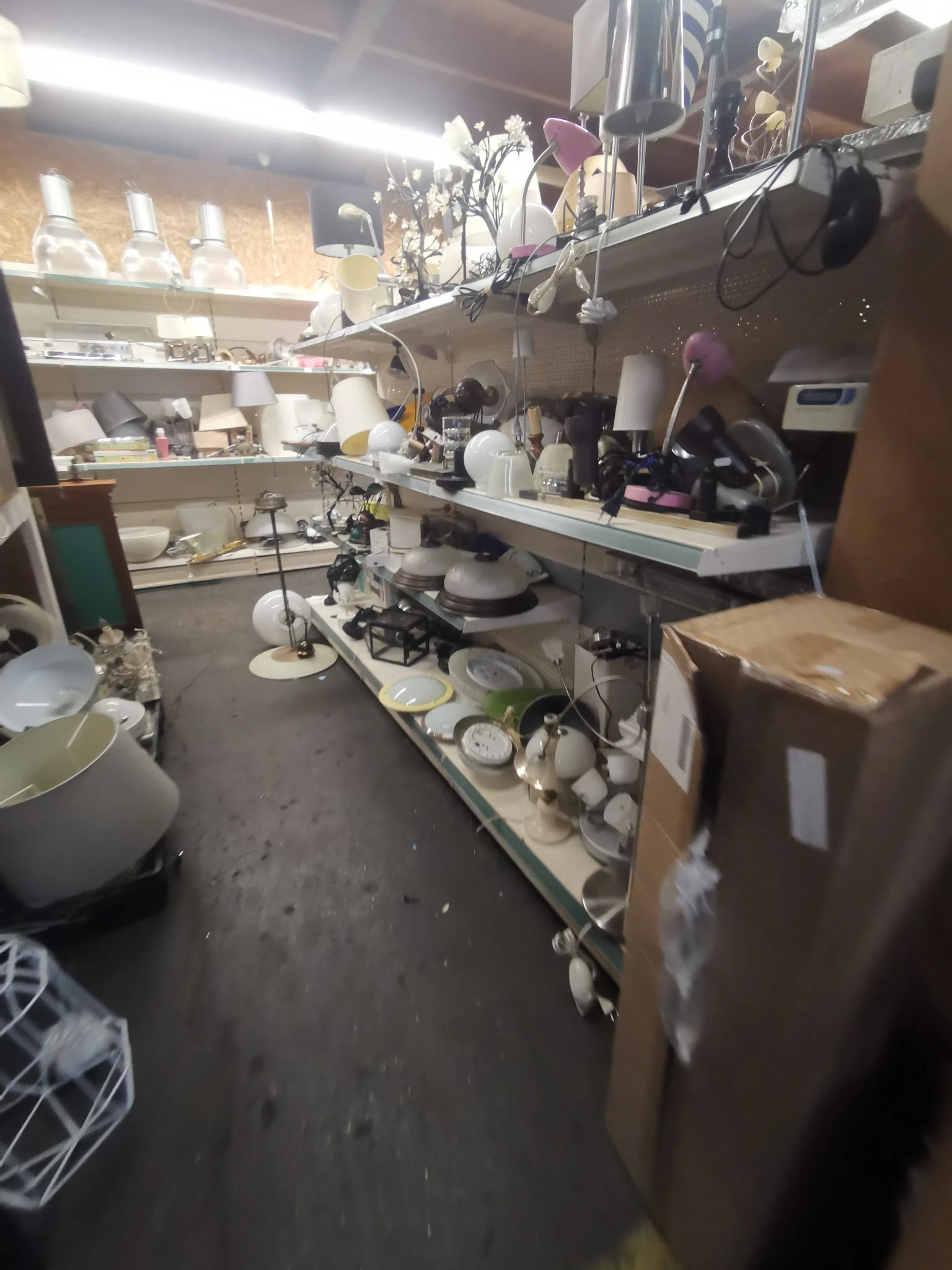 Kringloopwinkelinterieur met stellingen vol huishoudelijke artikelen en serviesgoed