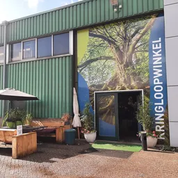 Voorkant kringloopwinkel met groene golfplaten gevel, grote boom-foto op ingang, zithoek met houten banken en parasol
