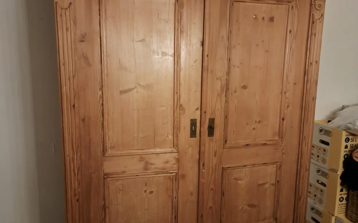 Houten kledingkast met twee deuren en panelen, zichtbaar houtnerf