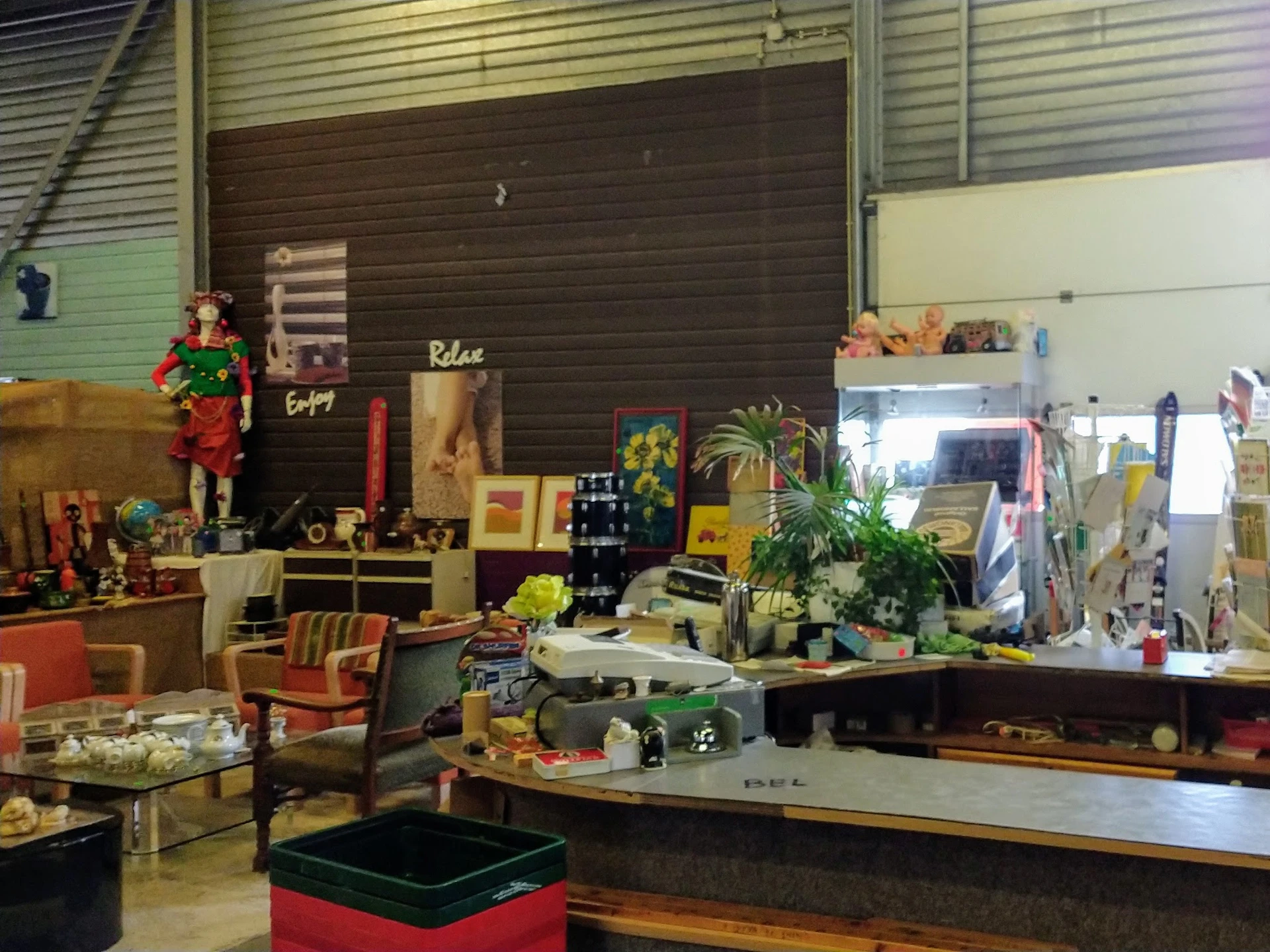 Overzicht van de winkelvloer met stellingen, diverse spullen, planten en decoratie