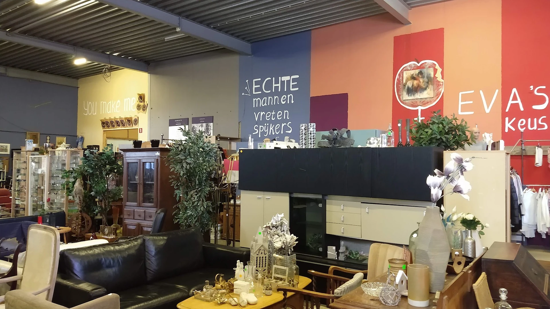Winkelinterieur met gekleurde wanden, displaykasten, meubels en decoratieve items in verschillende uitstallingshoeken