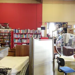 Winkelinterieur met boekenkasten, rode wand, gele wand, koelkast en verschillende meubelstukken