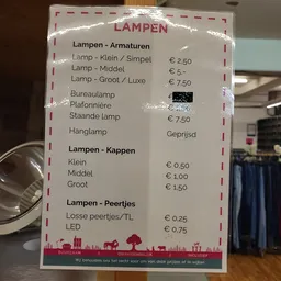 Prijslijst met lampenonderdelen en accessoires in het Nederlands
