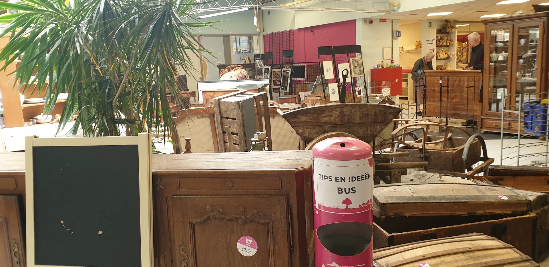 Overzicht van kringloopwinkel met meubels, kastjes, een grote schaal en plantje