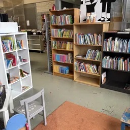 Binnenaanzicht van kringloopwinkel met meerdere boekenkasten vol DVDs en boeken langs de wanden
