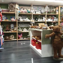 Winkelinterieur met houten stellingkasten tegen groene muren, gevuld met huishoudartikelen, decoratie en serviesgoed. Bruine 
