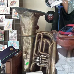 Goudkleurige tuba close-up op tafel in winkelinterieur