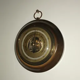 Vintage barometer in ronde bronzen behuizing, hangend aan een oogje, met cirkelvormige schaal en naald