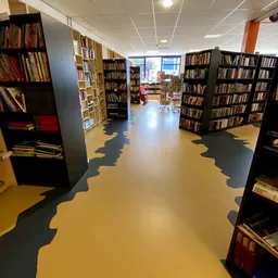 Binnenaanzicht van kringloopwinkel met gele en donkergrijze vloer, boekenkasten langs de muren en boeken in stellingen