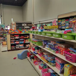 Stellingen vol gekleurde plastic dozen en speelgoed in een kringloopwinkel