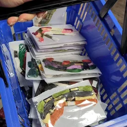 Blauwe krat met gestapelde vellen papier waarop gedroogde bloemen en planten zijn geplakt
