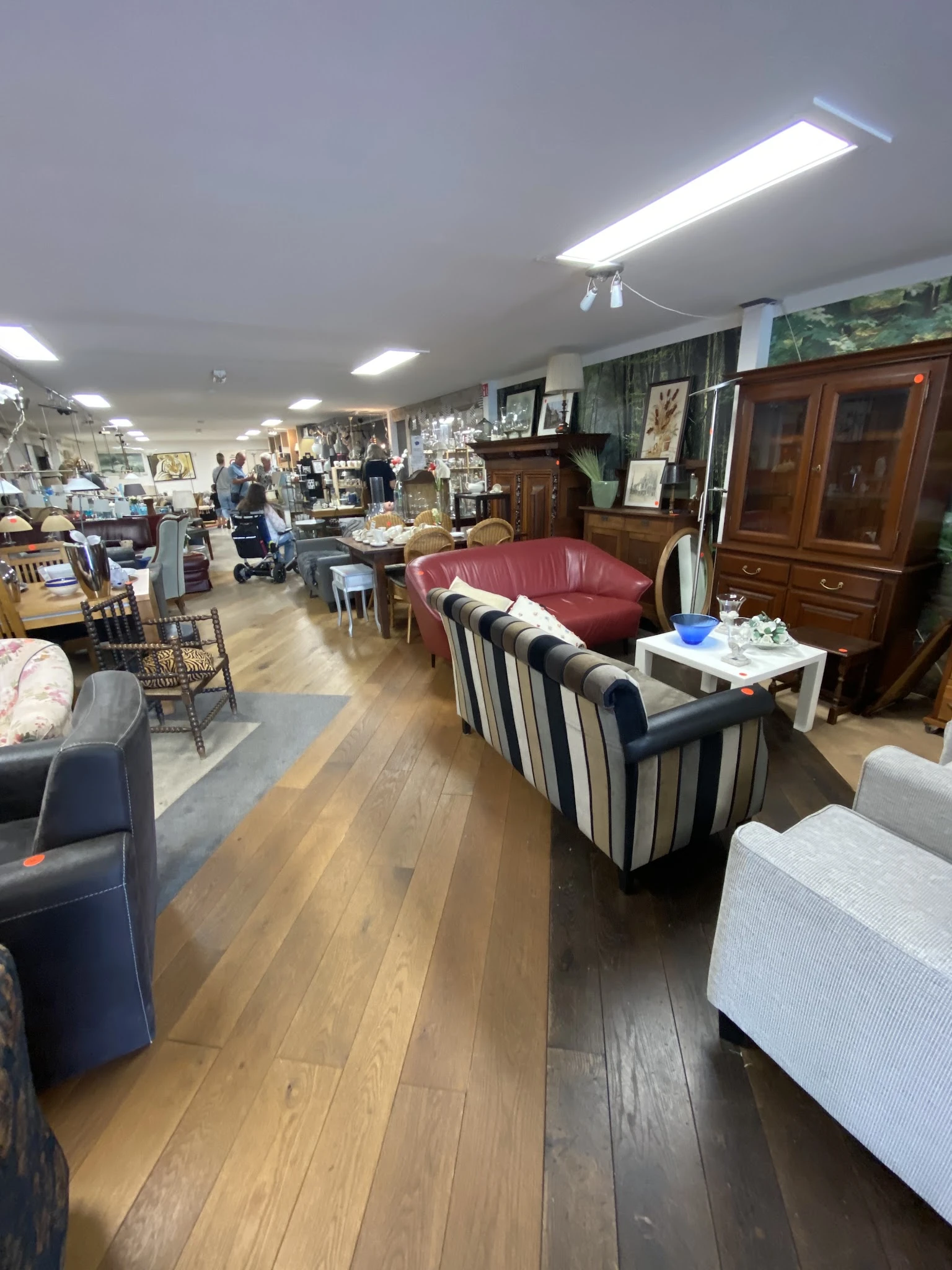 Winkelvloer van kringloopwinkel met diverse meubels: rode bank, gestreepte fauteuil, houten kast en andere tweedehandsartikel