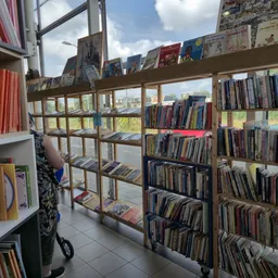 Binnenkant van kringloopwinkel met houten stellingen vol DVD's, CD's en boeken, natuurlijk licht van grote ramen